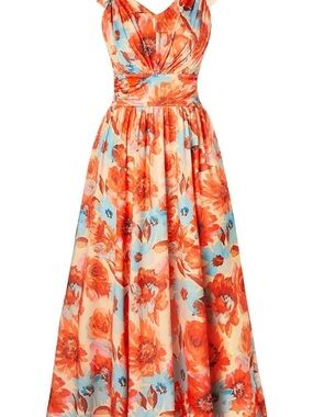 Grace Karin Floral Ruffle Strap Smocked Back Maxi Dress Red & Blue